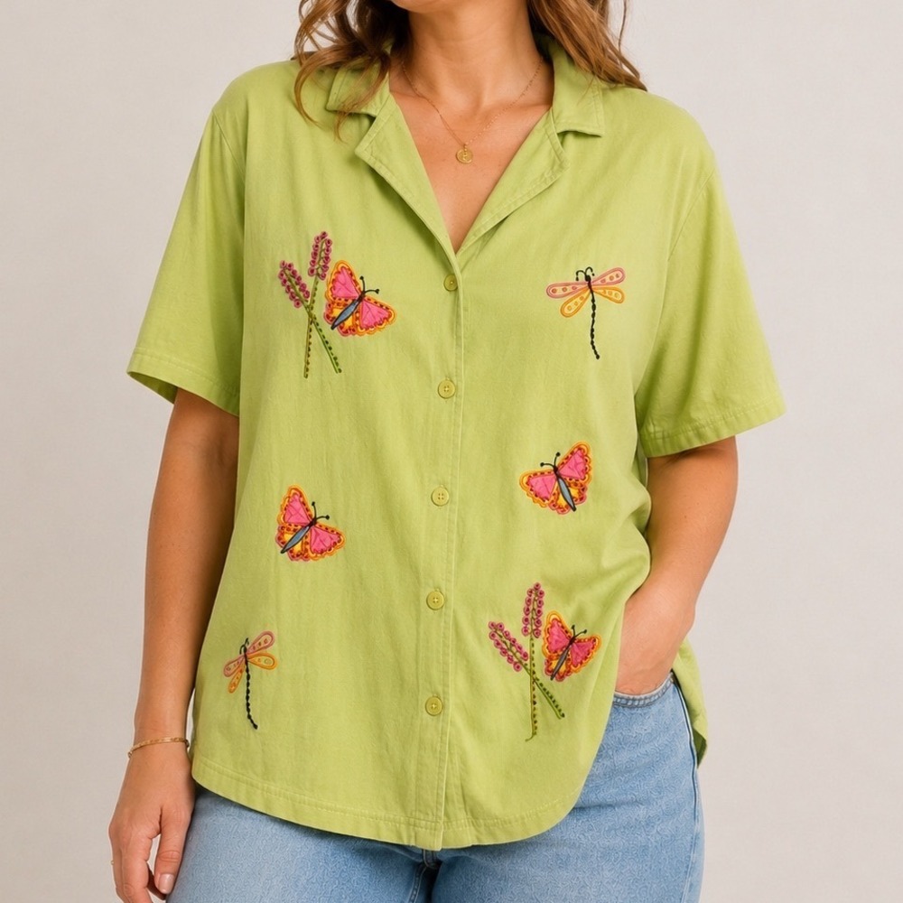 Vintage Kaktus USA Butterfly Dragonfly Shirt Large Embroidered Button Front
